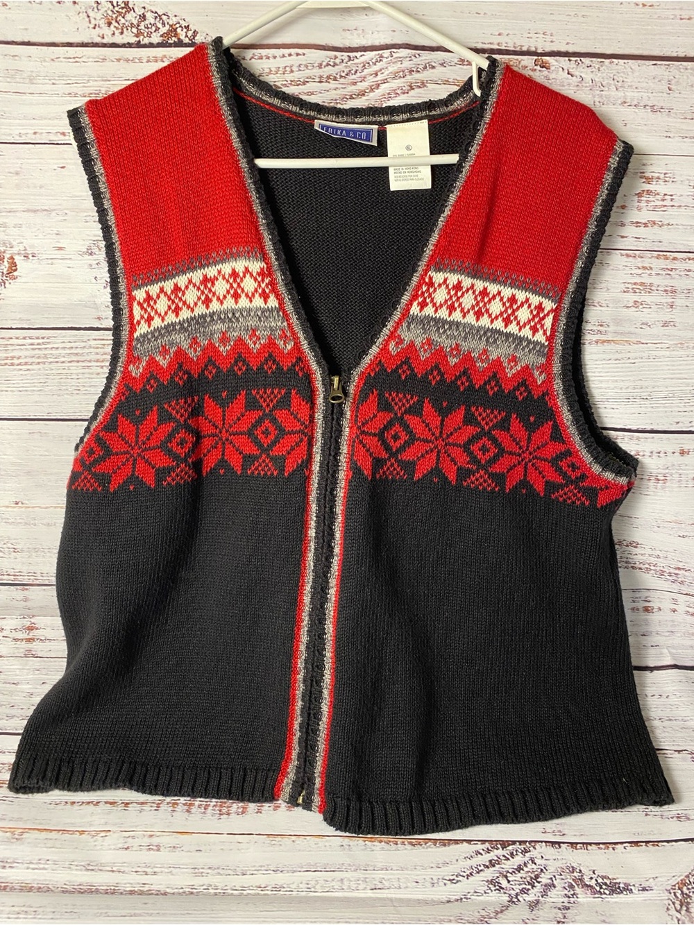 Erika & Co. Black and Red Fair Isle Zip Vest Sz-XL